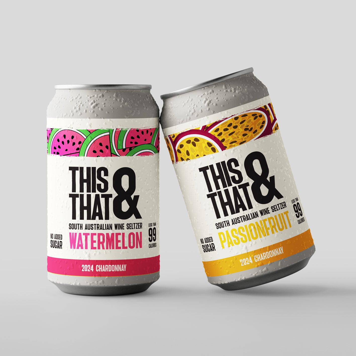 One can of This & That Wine Seltzer in watermelon flavor and one of passionfruit flavour on a grey background