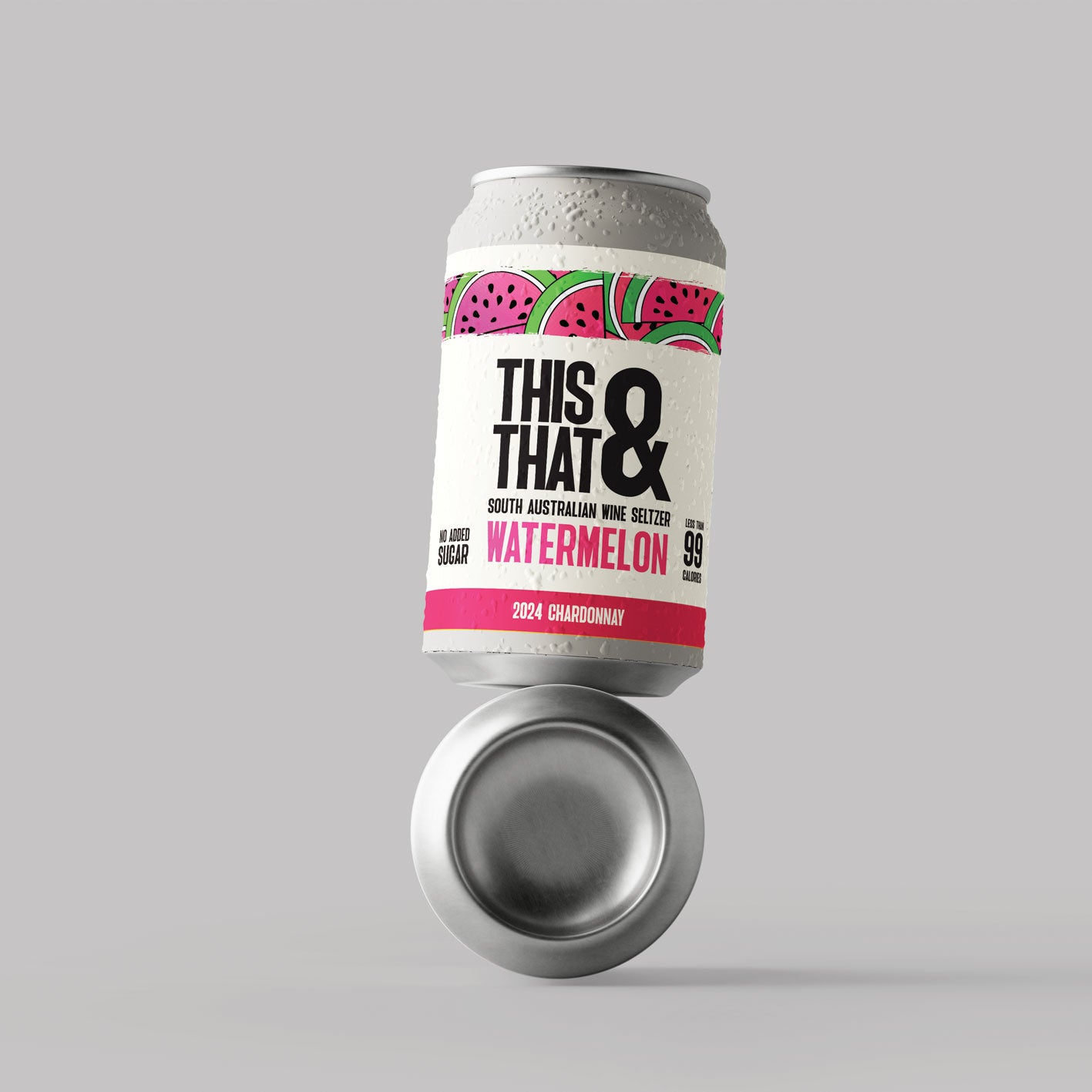 Two cans of This & That Wine Seltzer watermelon flavour stacked on top of eachother on a grey background