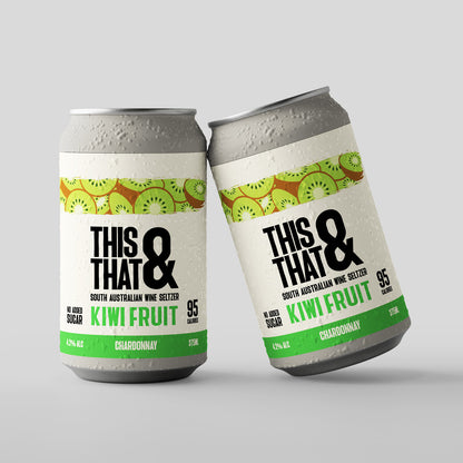 Two cans of 'This & That' South Australian wine seltzer with kiwi fruit flavor on a gray background.
