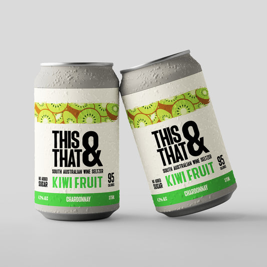 Two cans of 'This & That' South Australian wine seltzer with kiwi fruit flavor on a gray background.