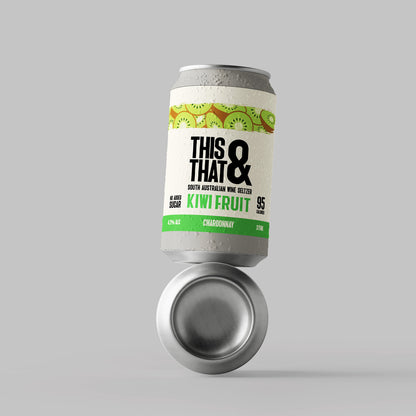 Can of 'This & That' kiwi fruit seltzer on a gray background
