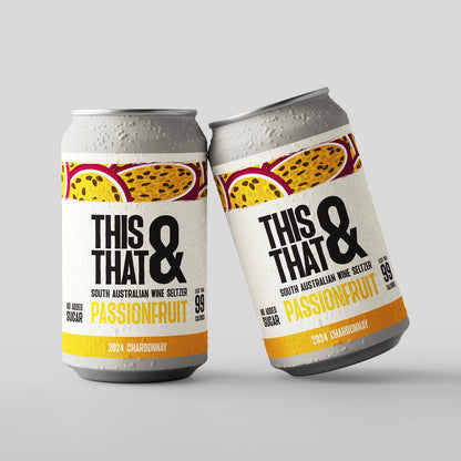 Two cans of This & That Wine Seltzer  passionfruit flavour on a grey background