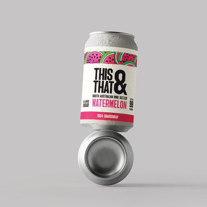 Two cans of This & That Wine Seltzer  watermelon flavour stacked on top of eachother on a grey background