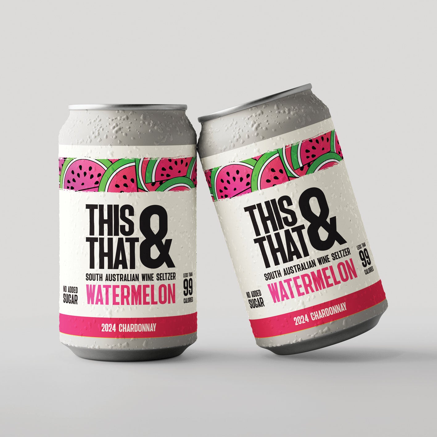 Two cans of This & That Wine Seltzer  watermelon flavour on a grey background